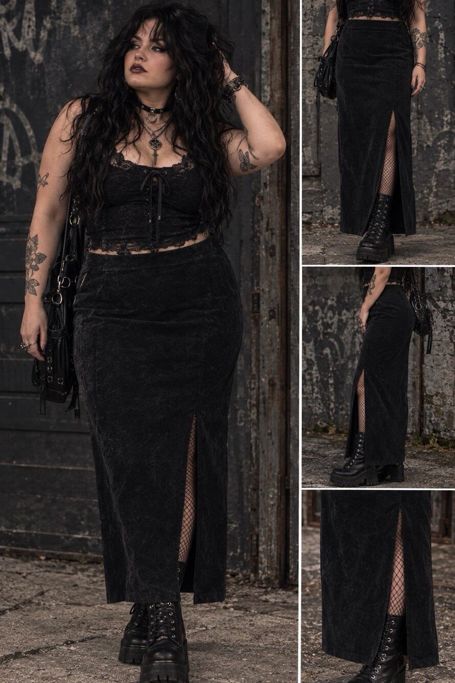 Global Identity Leather G-III Maxi Skirt Suede Slit Black Witchy Goth size 16
